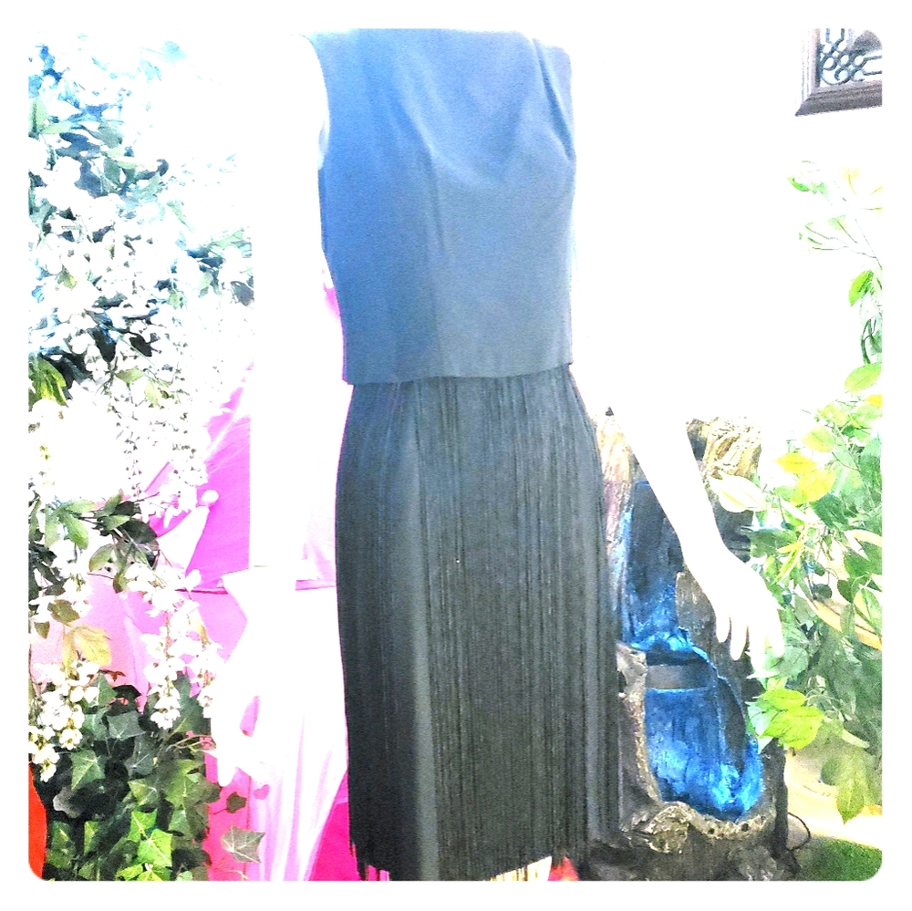 60s Black Fringe Buttons in Back Sheath Dress sz S